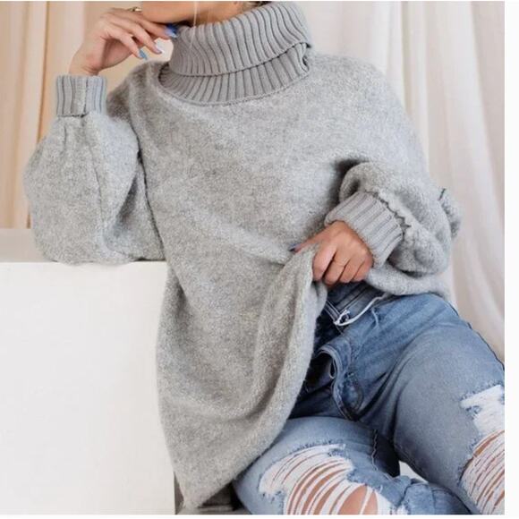 Free People Sweaters - Free People Milo Oversized Tunic High Neck Sweater in Heather Grey Size large
